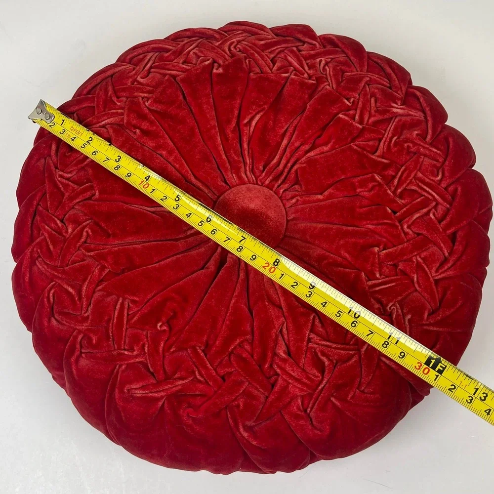 Round Smocked Velvet Decorative Throw Pillow Red Mid-Century Modern Accent